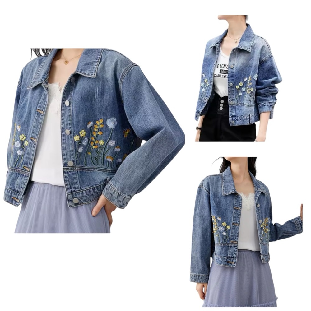 NWT Ou Nixue Embroidered Denim Jean Jacket Size Large